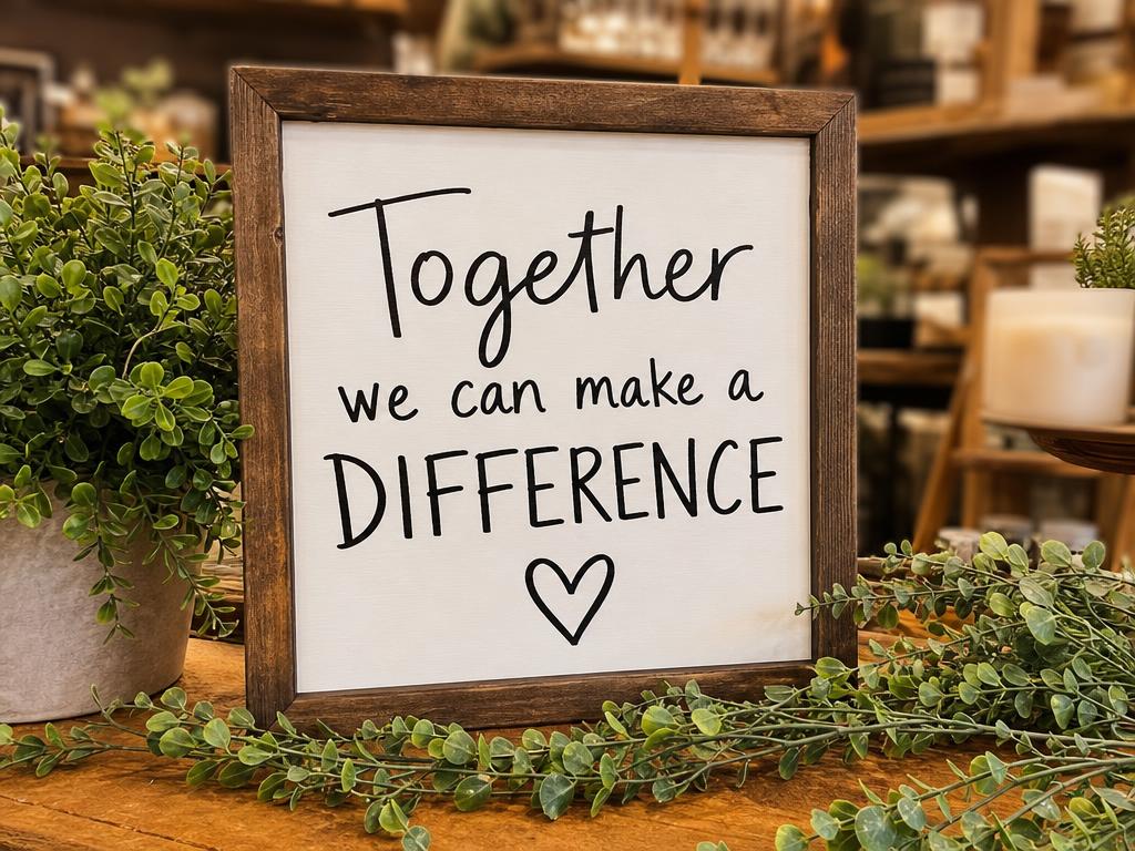 Wooden framed sign reading together we can make a difference