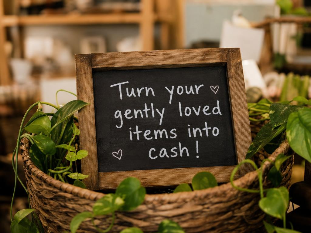 Chalkboard sign reading turn your gently loved items into cash